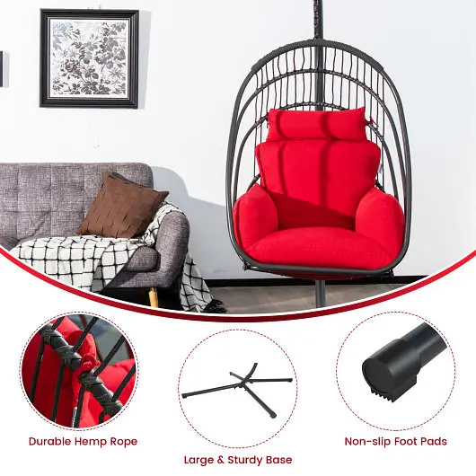 Costway Traditional Hanging Folding Egg Chair Stand Soft Cushion Pillow Swing Hammock, Red, NP10351RE