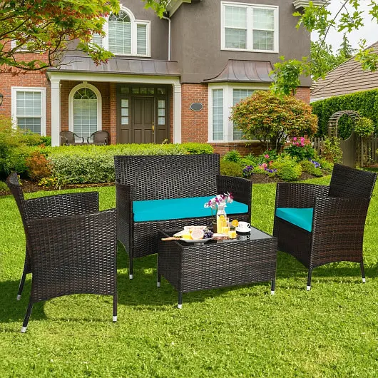 Costway Traditional 4 Pieces Cozy Outdoor Rattan Sofa Set Glass Coffee Table, Turquoise, HW67772TU