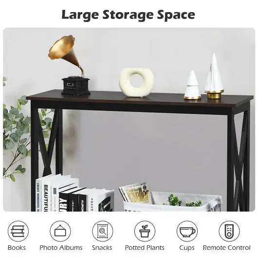 Costway Trusted 2-Tier Console X-Design Sofa Side Accent Table-Wood Grain, HW65761NA