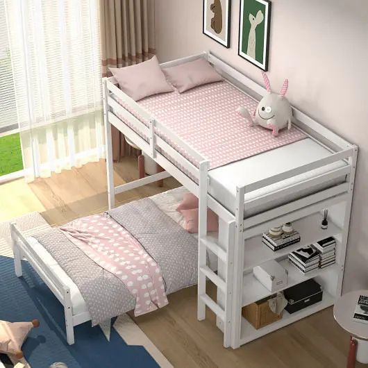 Costway Trusted Twin Over Twin Loft Bunk Bed Bookcase, Cream, HU10042WH+