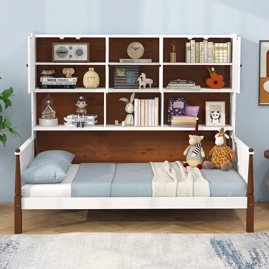 Costway Twin Bed Bookcase Shelves and Wooden Slat Substantiate No Box Spring Needed Living Room Bedroom, Pure White, HU106...