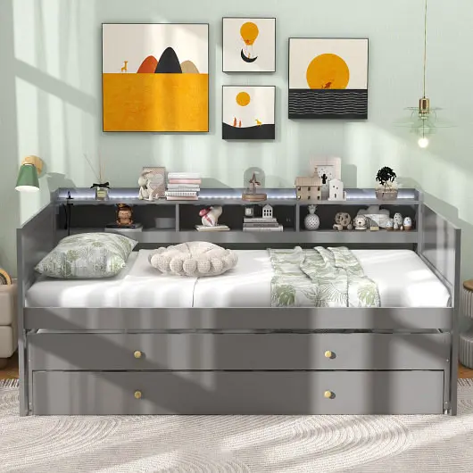 Costway Twin XL End Captain Bed 2 Twin Trundle Beds and 3 Storage Cubbies, Grey, HU10657GR+