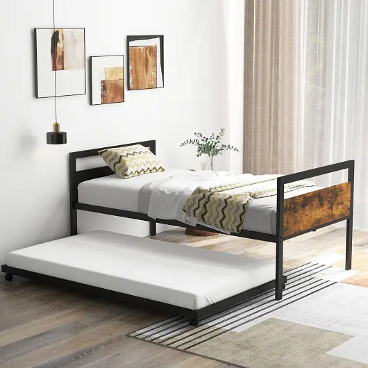Costway Twin Metal Daybed Trundle Lockable Wheels-Twin Size, HU10589CF-T