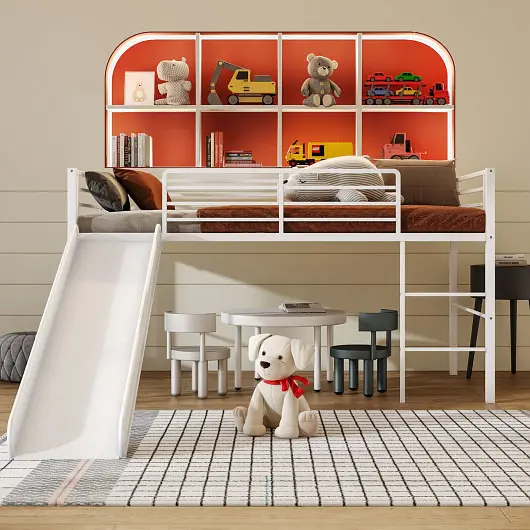 Costway Twin Metal Loft Bed Slide Securety Guardrails and Constructed- Ladder, Pure White, HU10160WH