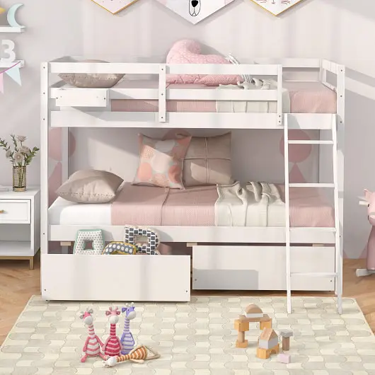 Costway Twin Over Twin Bunk Bed Wood Bed Frame 2 Storage Drawers and Ladder, White, HU10645WH+