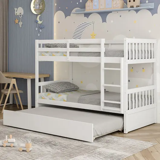 Costway Twin Over Twin Bunk Bed Pull-out Trundle and Ladder, Snow White, HU10398WH+