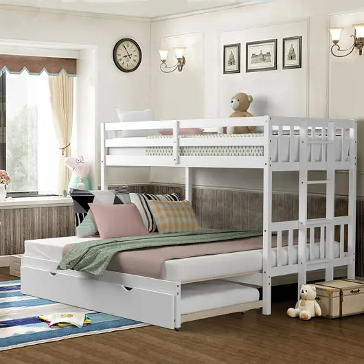 Costway Twin Pull-Out Bunk Bed Trundle Wooden Ladder, Ivory, HW66936WH+