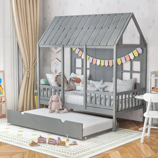Costway Twin Size Bed Frame Houtilize Bed Trundle and 82 Inch Tall Roof, Gray, HU10652GR+