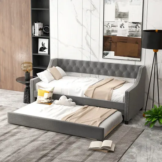 Costway Twin Size Daybed Trundle Sofa Bed Curved Armrests and Backrest, Grey, HV10551GR+