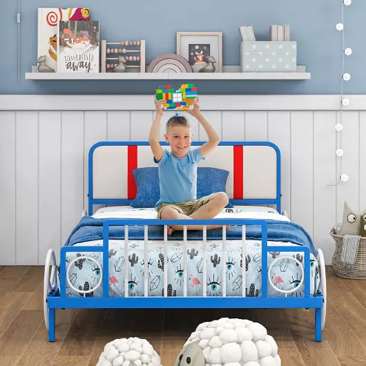 Costway Twin Size Kids Bed Frame Car Influenced Metal Platform Bed Upholstered Headboard, HU10445