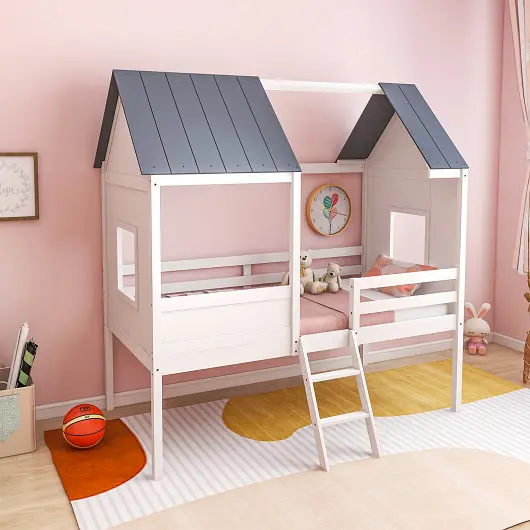 Costway Twin Size Kids Houtilize Bed Low Loft Bed Frame Roof, Cream, HU10653WH+