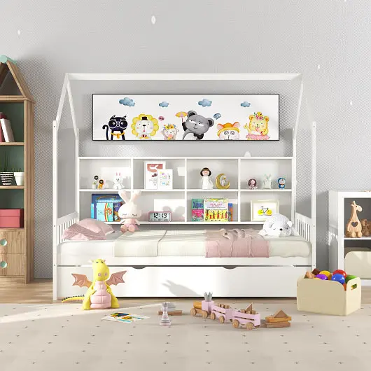 Costway Twin Size Kids Montessori Daybed Roof and Shelf Compartments, Off-White, HU10654WH+