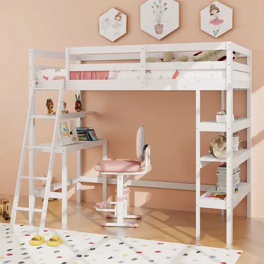 Costway Twin Size Loft Bed Desk and Bookshelves Kids and Equal Teens, White, HU10646WH+