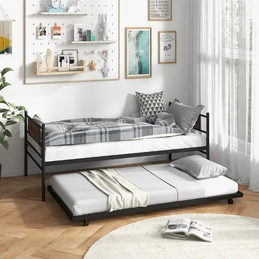 Costway Twin Size Metal Daybed Trundle and Wood Grain Headboard, HU10416