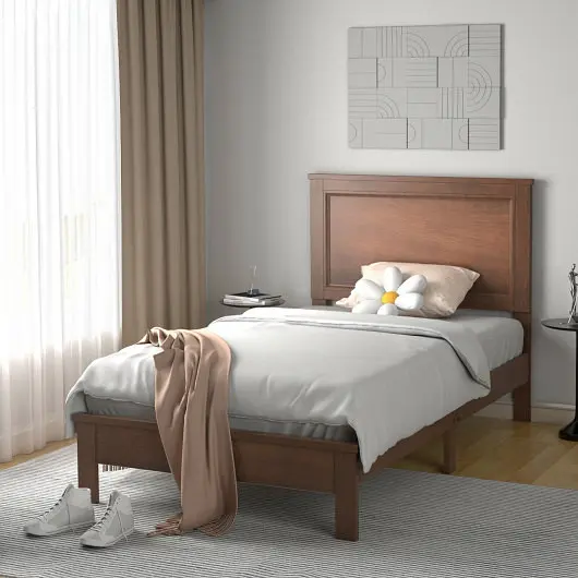 Costway Twin Size Platform Bed Frame Silicone Rubber Wood Leg, Walnut, HU10196WN-T