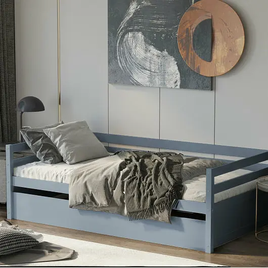 Costway Twin Size Trundle Platform Bed Frame Wooden Slat Substantiate, Gray, HW64316GY