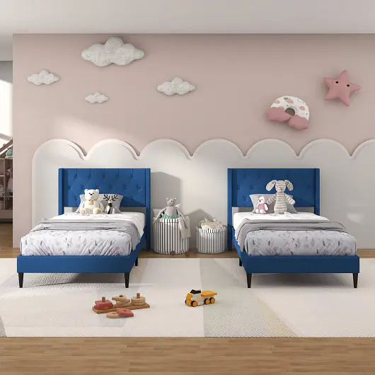 Costway Twin Size Upholstered Platform Bed Button Tufted Wingsupport Headboard, Sky Blue, HU10570BL-T