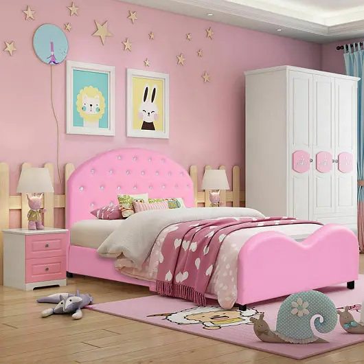 Costway Twin Size Upholstered Platform Toddler Bed Wood Slat Substantiate, HW59101