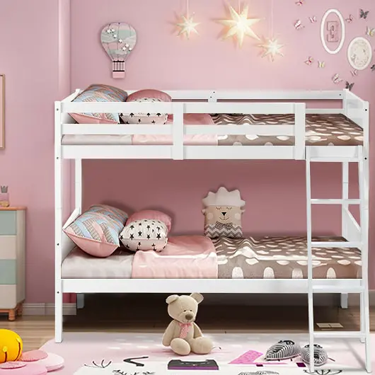 Costway Twin Size Wooden Bunk Beds Convertible 2 Individual Beds, Off-White, HW61357WH+