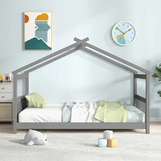 Costway Twin Size Wooden Houtilize Bed Roof, Gray, HU10483GR-T