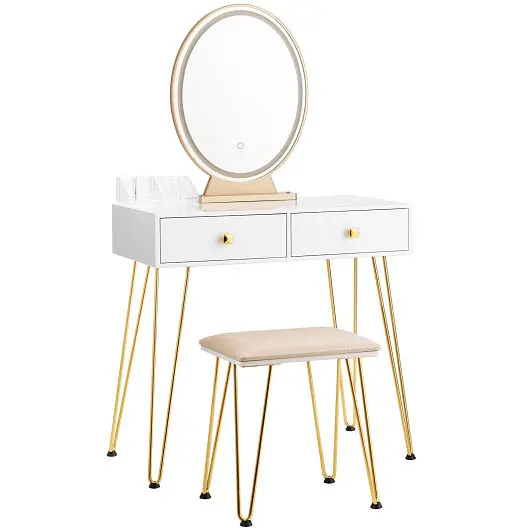 Costway Unique Industrial Makeup Dressing Table 3 Lighting Modes, White, HW66088US-WH