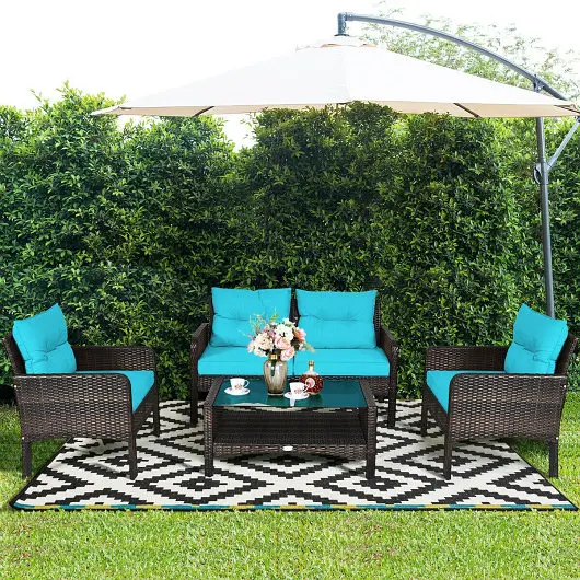 Costway 4 Units Outdoor Rattan Wicker Loveseat Furniture Set Cushions, Turquoise, HW68637ATU+