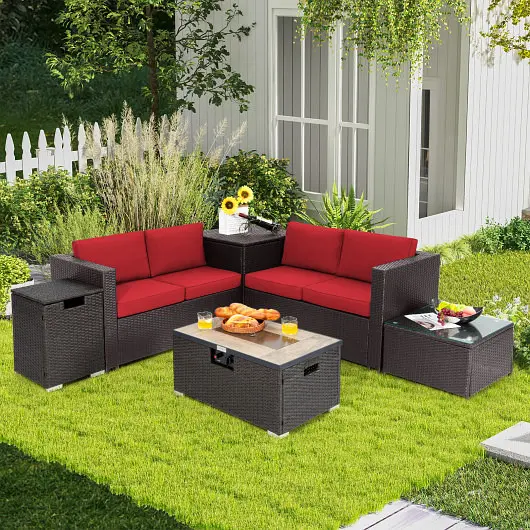 Costway 6 Units Outdoor Wicker Furniture Set 32 Inch Propane Fire Pit Table, Ruby, NP10261CF+HW66714BRE+