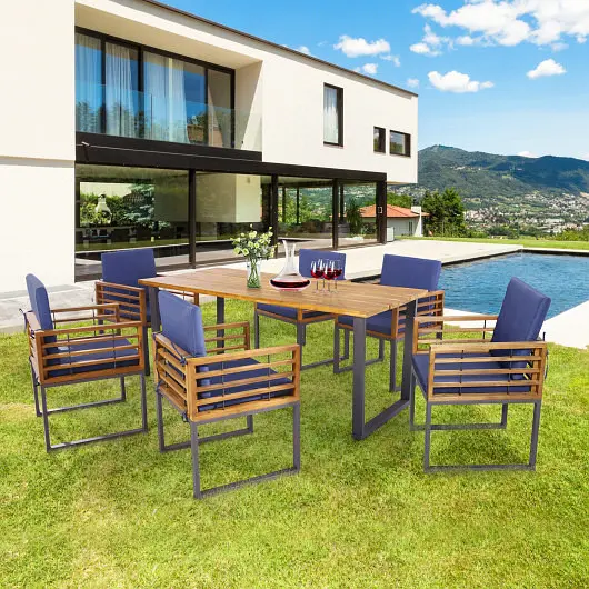 Costway 7 Units Patio Acacia Wood Dining Chair and Table Set Backyard and Poolside, Navy, HW70983NY+