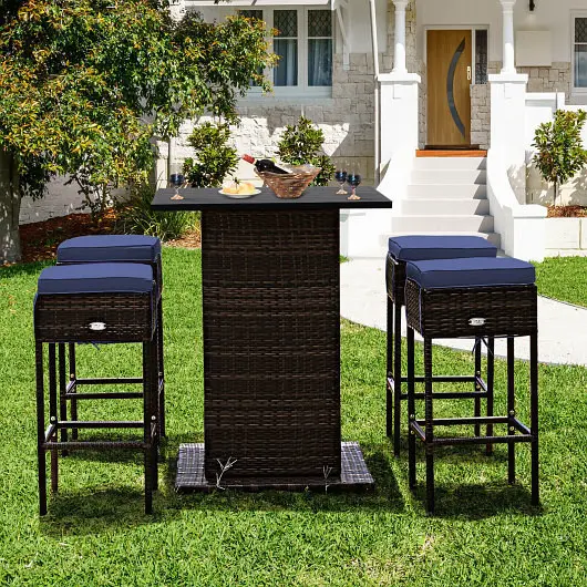 Costway 5 Units Patio Rattan Bar Table Stool Set Hidden Storage Shelf Cushioned, Navy, HW68244NY+