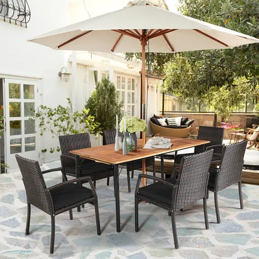 Costway 7 Units Patio Rattan Cushioned Dining Set Umbrella Hole, Ebony, HW70680DK+