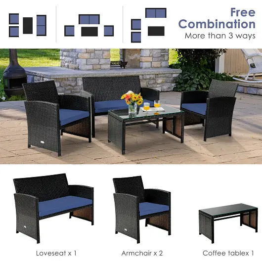 Costway 4 Units Patio Rattan Cushioned Furniture Set, Navy, HW68664NY