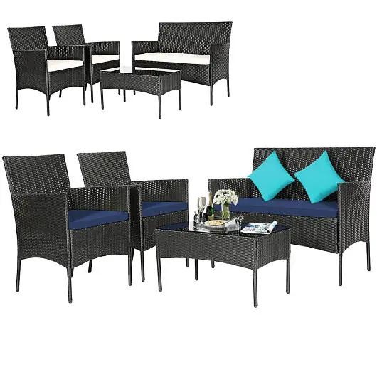 Costway 4 Units Patio Rattan Cushioned Sofa Set Tempered Glass Coffee Table, Navy and off Cream, HW65357WH-NY