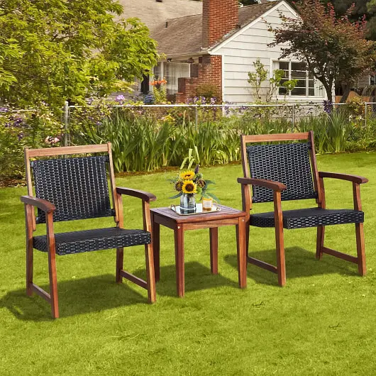 Costway 3 Units Rattan Bistro Set Acacia Wood Frame Garden, HW67674