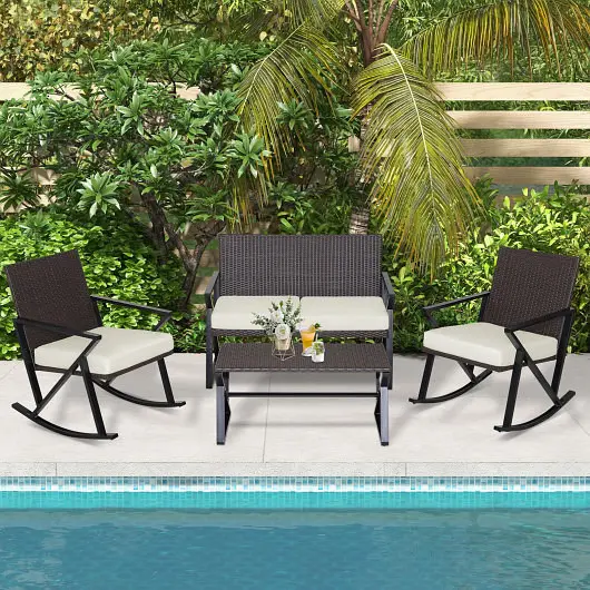 Costway 4 Units Rattan Patio Rocking Furniture Set Loveseat and Coffee Table, HW70741+