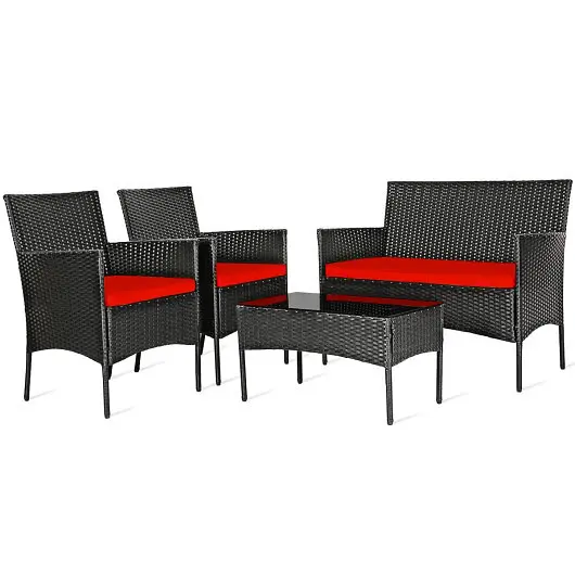 Costway Universal 4 Pieces Patio Rattan Cushioned Sofa Furniture Set Tempered Glass Coffee Table, Red, HW65357RE