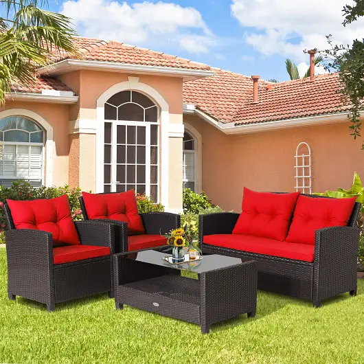 Costway Updated 4 Pieces Patio Rattan Furniture Set Tempered Glass Coffee Table, Crimson, HW66742RE+