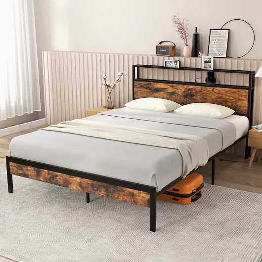 Costway Upgraded Bed Frame Storage Headboard and Charging Station, Queen Size, HU10518US-Q