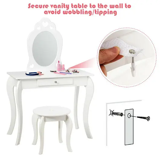 Costway Upgraded Kids Princess Makeup Dressing Play Table Set Mirror, White, HW64356WH