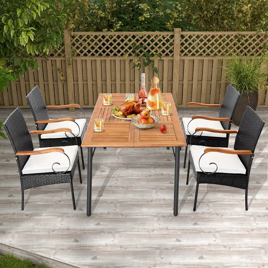 Costway Upgraded Outdoor PE Wicker Chair Acacia Wood Armrests, Set 2, HW70833-2