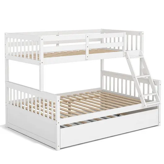 Costway Upgraded Twin Over Full Convertible Bunk Bed Twin Trundle, Bright White, HU10397WH+