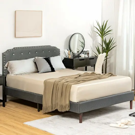 Costway Upholstered Bed Frame Adjustable Diamond Button Headboard-Full Size, HU10169GR-F