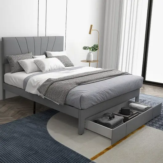 Costway Upholstered Bed Frame Drawer and Adjustable Headboard, Queen Size, HU10357GRQ+