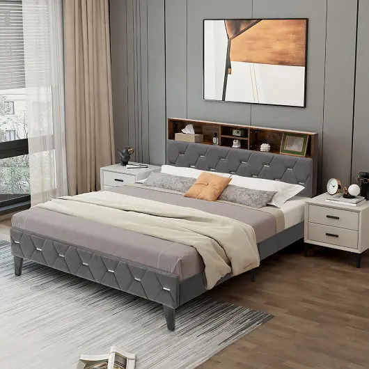 Costway Upholstered Bed Frame Storage Headboard, Queen Size, HU10345GR-Q