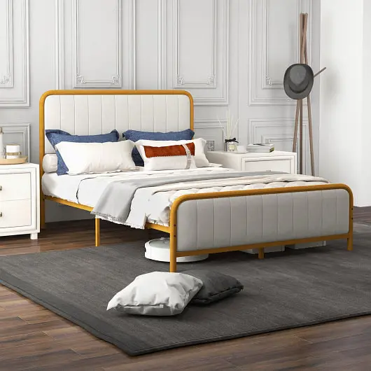 Costway Upholstered Gold Platform Bed Frame Velvet Headboard-Full Size, HU10387GD-F