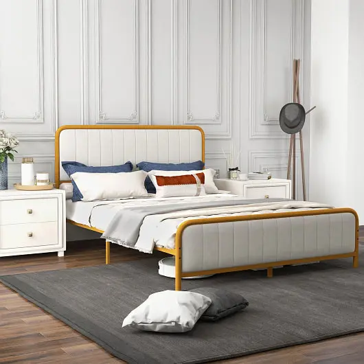 Costway Upholstered Gold Platform Bed Frame Velvet Headboard-Queen Size, HU10387GD-Q