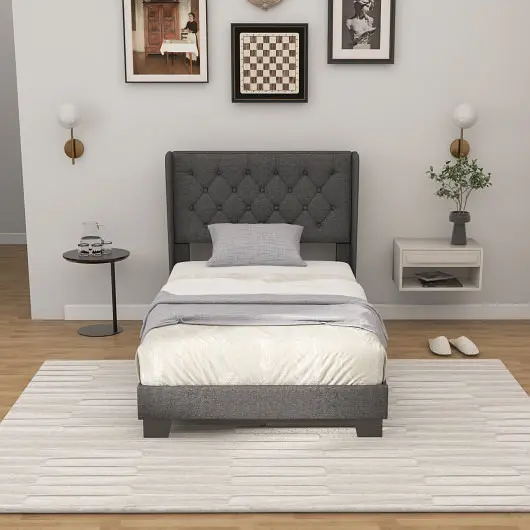Costway Upholstered Platform Bed Button Tufted Headboard, Twin Size, HU10494-T