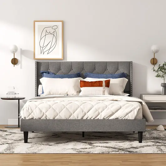 Costway Upholstered Platform Bed Button Tufted Headboard, Queen Size, HU10386GR-Q