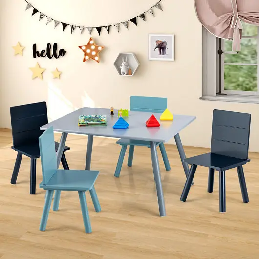 Costway User-Friendly 5 Pieces Kids Wooden Activity Play Furniture Set Building Blocks, Blue, HY10034BL