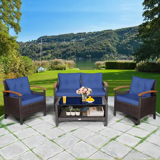 Costway User-Friendly 4 Pieces Patio Rattan Furniture Set Cushioned Sofa and Storage Table, Navy, HW69469NY+