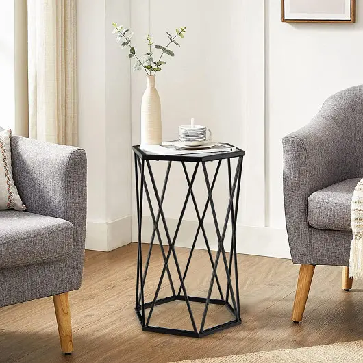 Costway UV-Resistant Hexagonal Accent End Table Tempered Glass Top and Metal Frame, HV10127